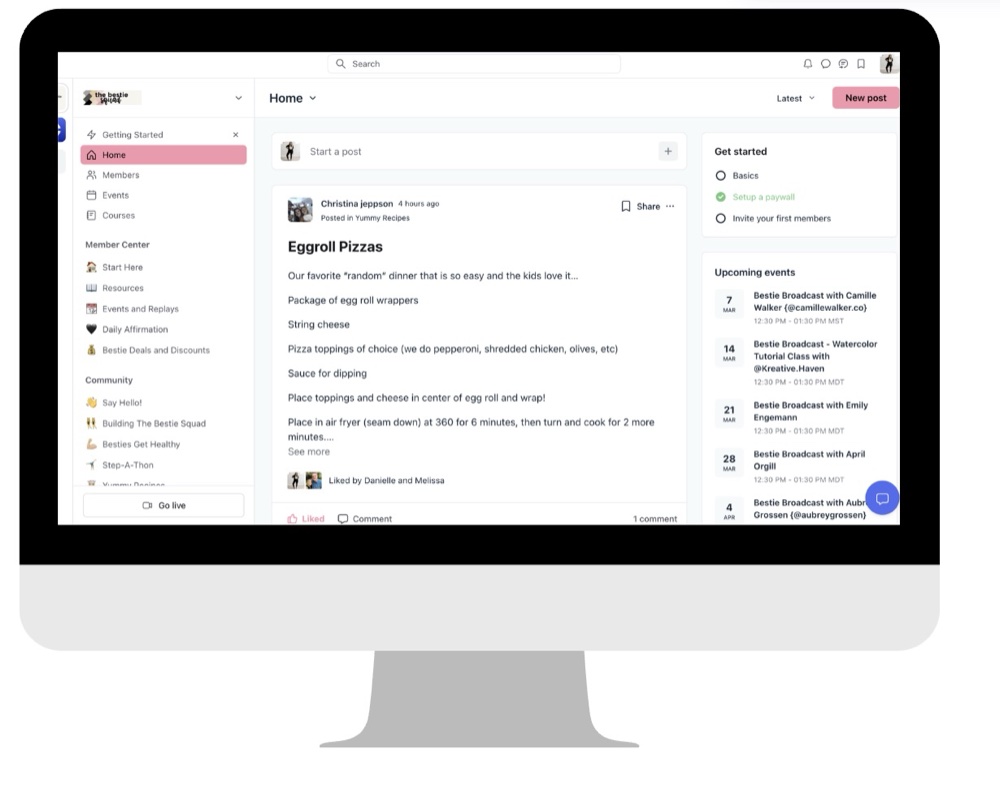 Preview of the Bestie Squad community home feed, showing posts, upcoming events, and getting-started steps.