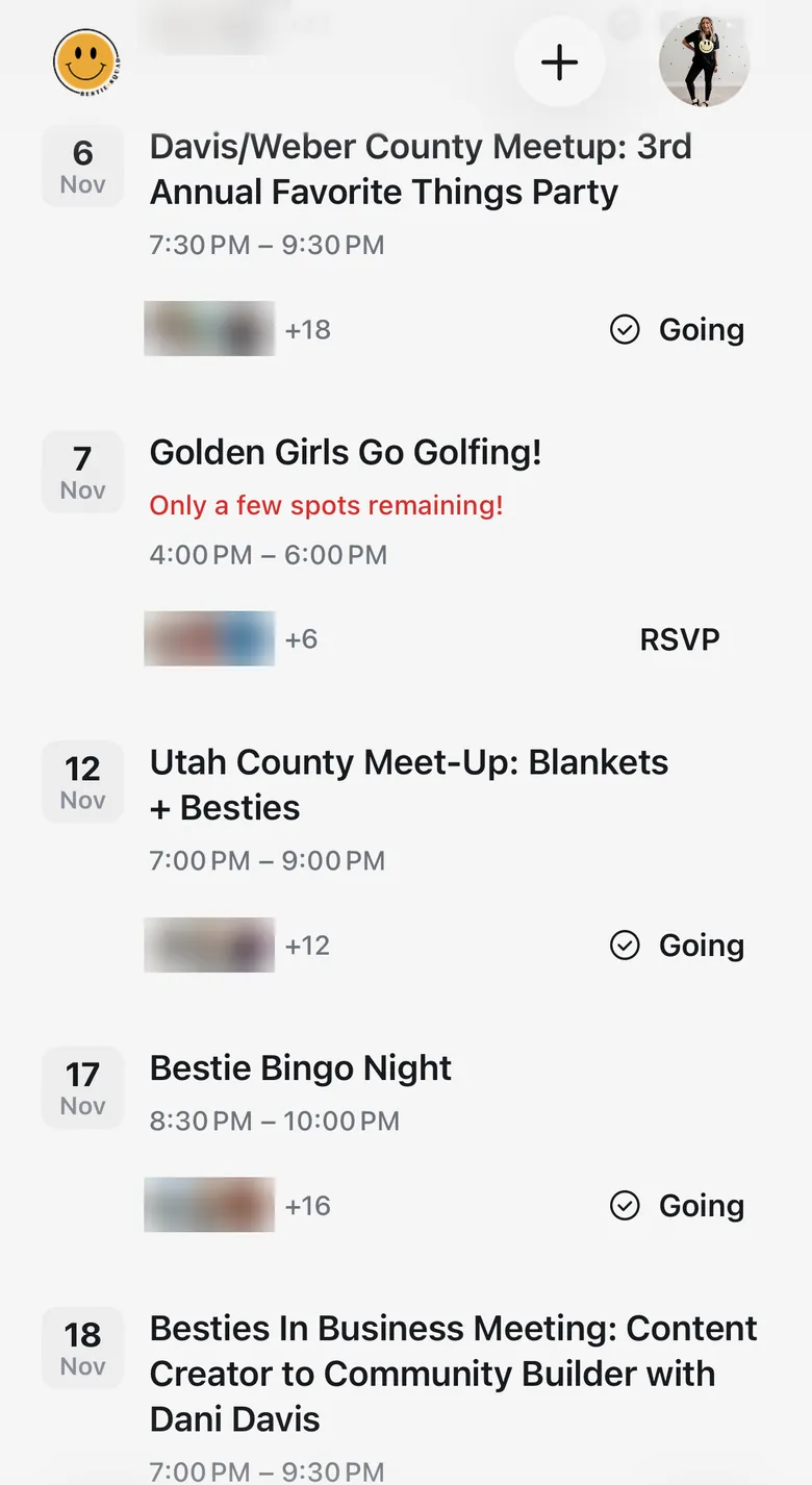 Screenshot: Upcoming Bestie Squad events on a phone, with members marked Going or RSVP