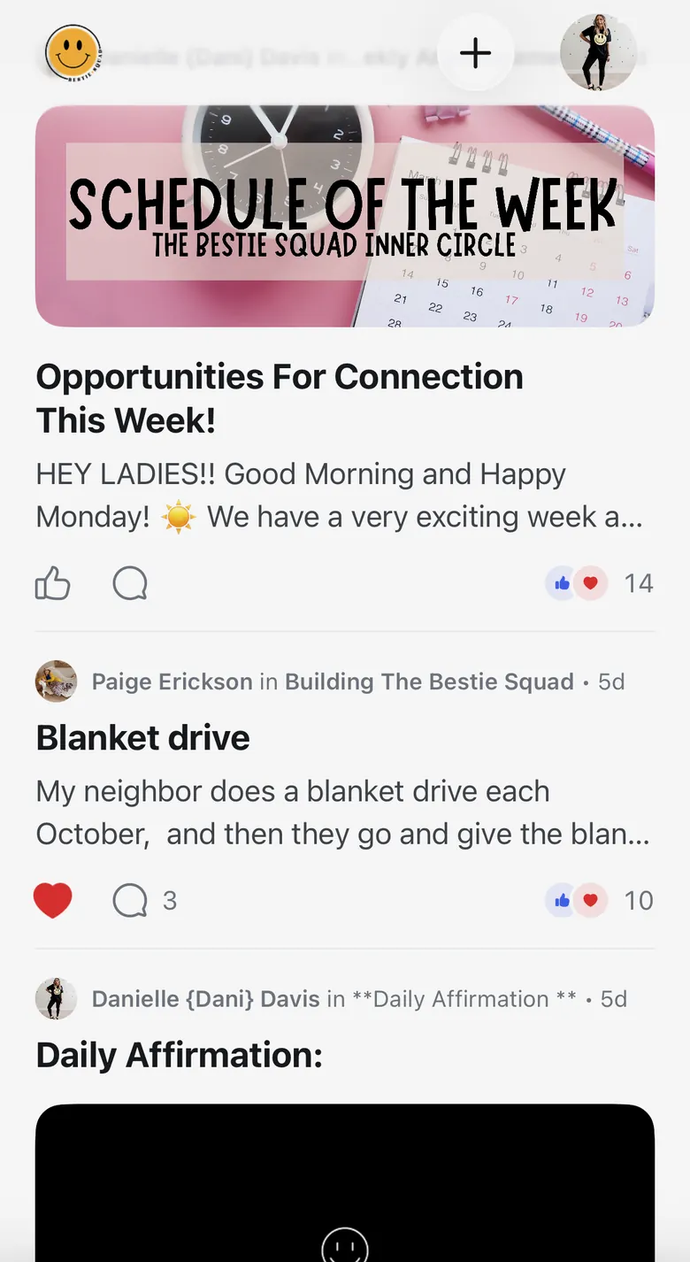 Screenshot: The weekly “Opportunities For Connection This Week!” schedule post, followed by member posts, on a phone