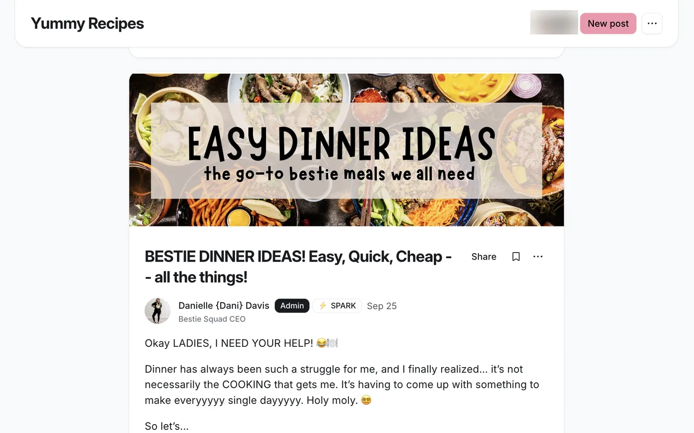 Screenshot: The Yummy Recipes space with Dani’s “BESTIE DINNER IDEAS!” post
